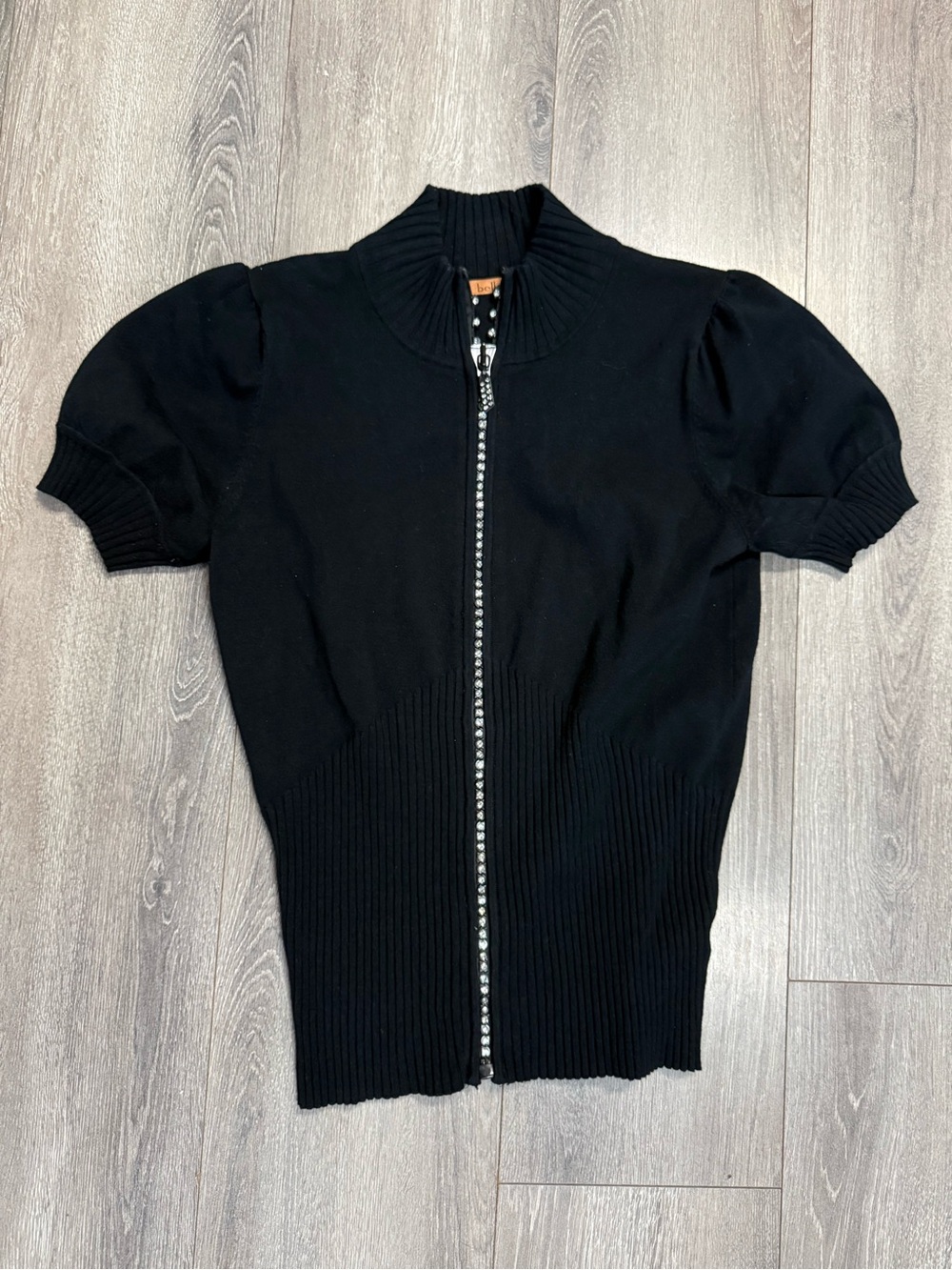 Black Bellidini Short puff Sleeve rhinestone Zip Cardigan